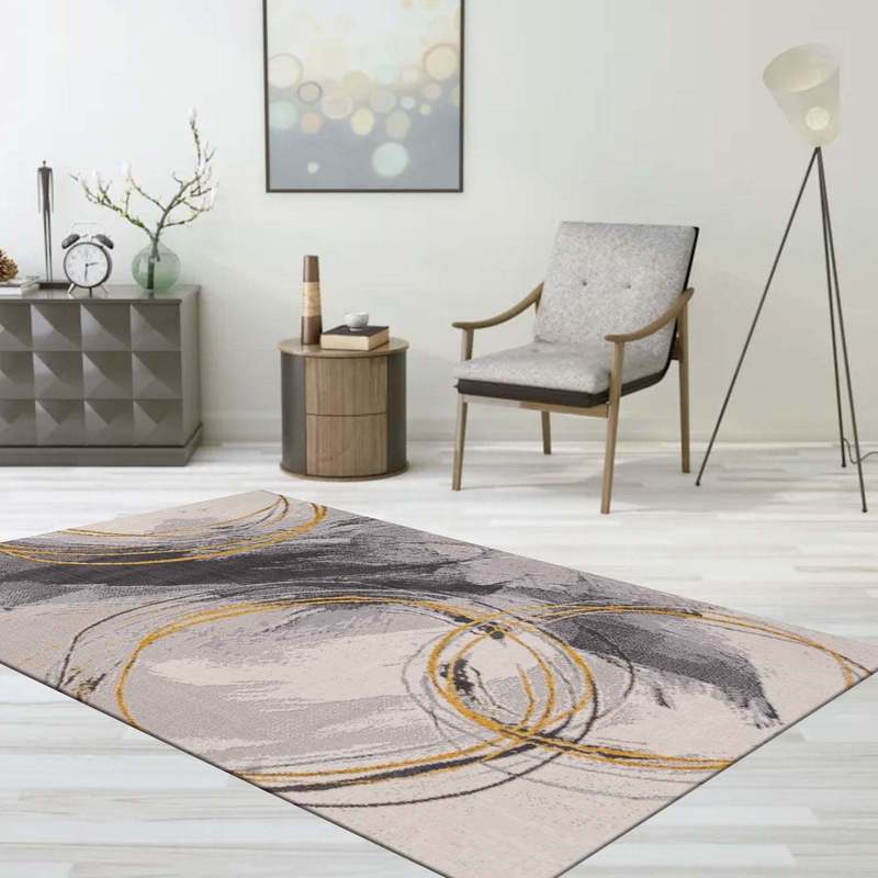 Teppich Wohnzimmer Schlafzimmer Flur Teppich Kurzflor Kreisel Muster in Gelb Creme-zoom-2