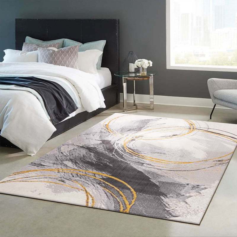 Teppich Wohnzimmer Schlafzimmer Flur Teppich Kurzflor Kreisel Muster in Gelb Creme-zoom-3