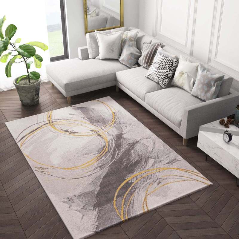 Teppich Wohnzimmer Schlafzimmer Flur Teppich Kurzflor Kreisel Muster in Gelb Creme-zoom-4