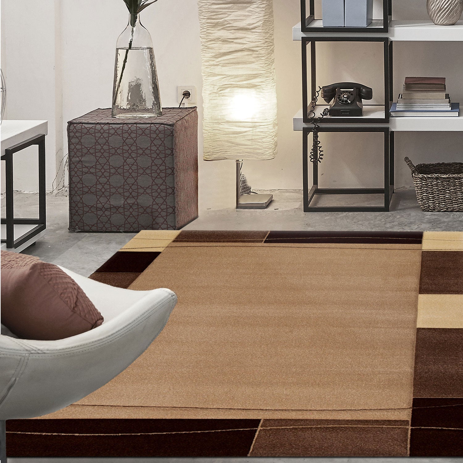 Teppich Modern Klassiker für Wohnzimmer Kurzflor dich gewebt mit Bordürenmotiv braun beige und Konturenschnitt-zoom-1