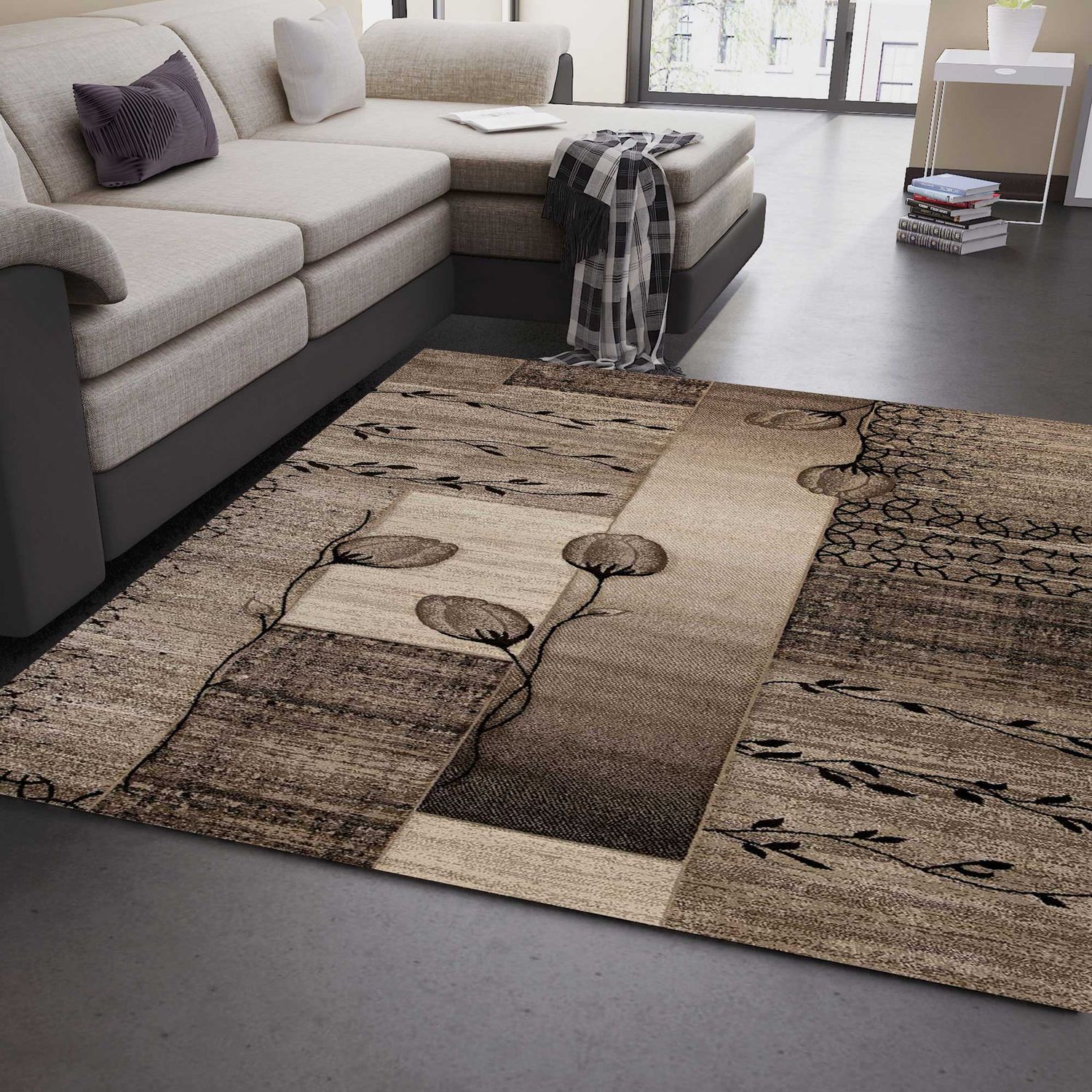 Designer living room rug in natural beige and brown with floral motif