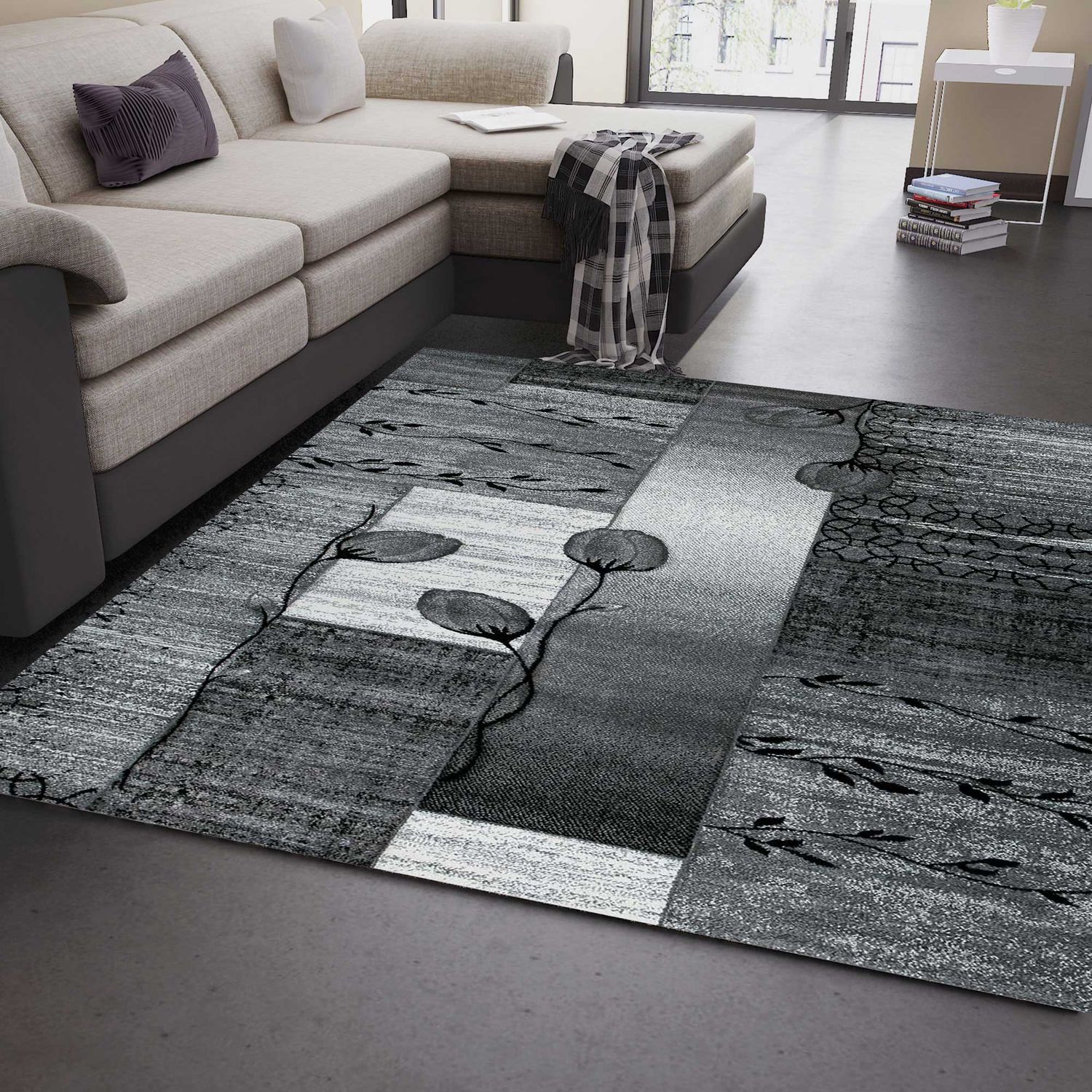 Designer rug, grey, black, cream, floral motif, mottled and contour cut by hand