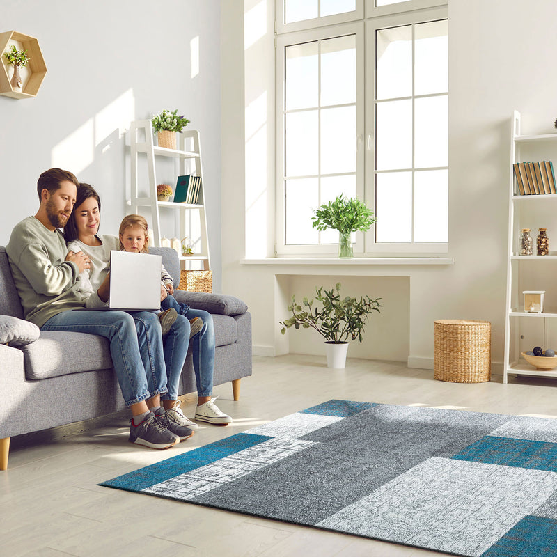 Designer Kurzflor Teppich in Türkis, Grau und Weiß mit Kachel-Optik Wohnzimmer-zoom-