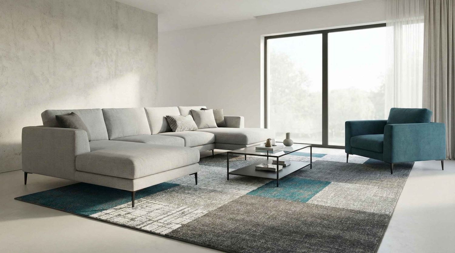 Designer Kurzflor Teppich in Türkis, Grau und Weiß mit Kachel-Optik Wohnzimmer-3