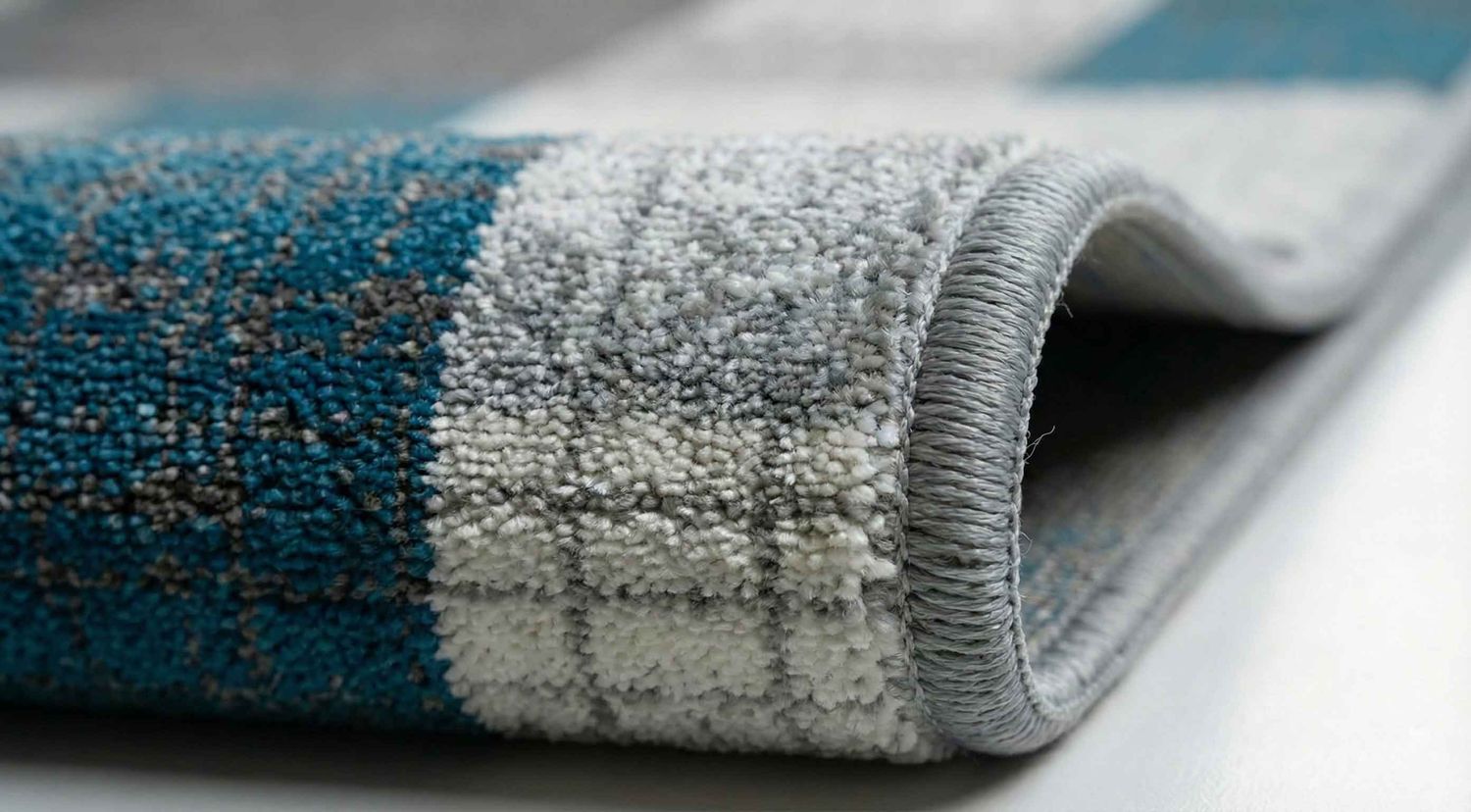 Designer Kurzflor Teppich in Türkis, Grau und Weiß mit Kachel-Optik Wohnzimmer-zoom-6