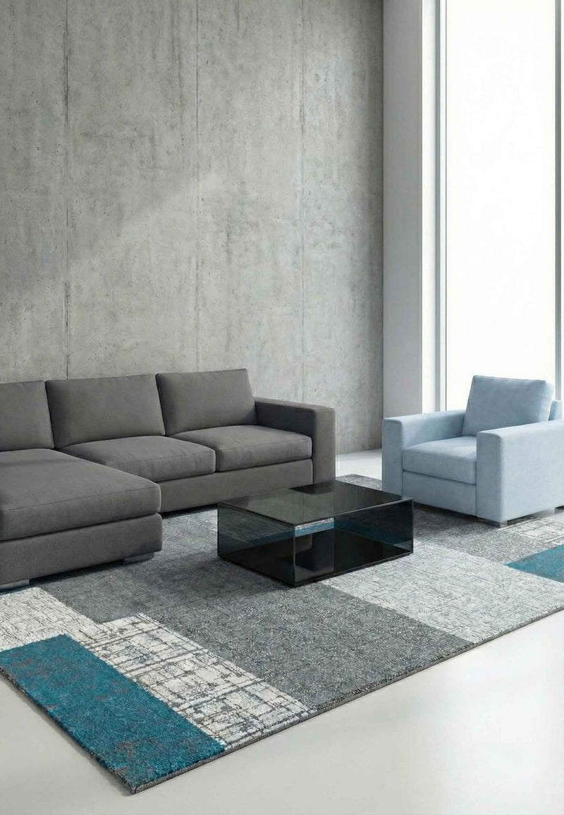 Designer Kurzflor Teppich in Türkis, Grau und Weiß mit Kachel-Optik Wohnzimmer-zoom-