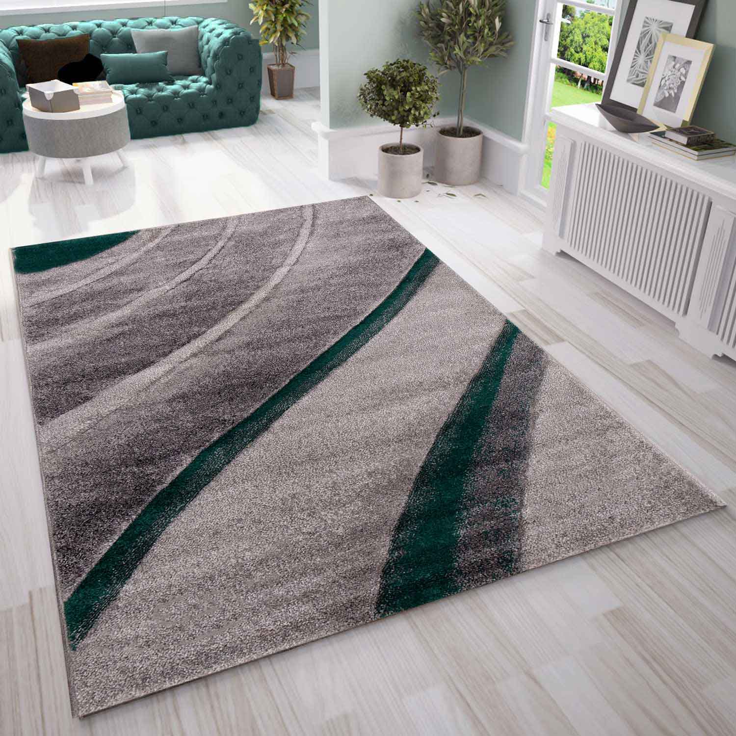 Designer Modern Wave Rug Living Room Interior Design New Green