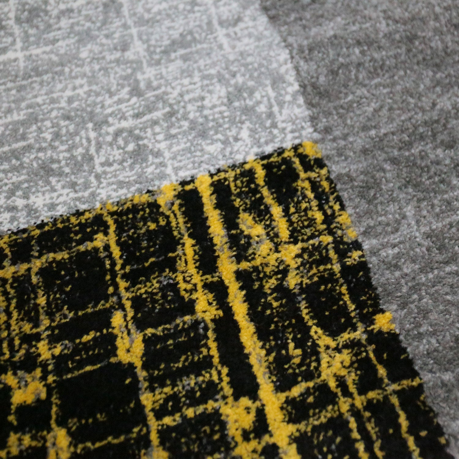 Designer Teppich Kurzflor Moderner Wohnzimmer in Gelb, Grau und Weiß mit Kachel Optik-zoom-2