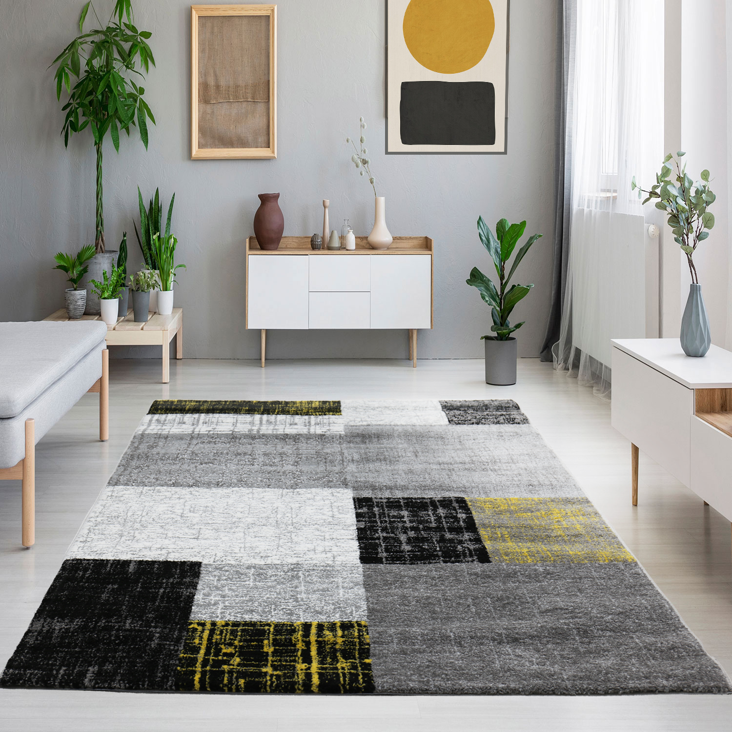 Designer Teppich Kurzflor Moderner Wohnzimmer in Gelb, Grau und Weiß mit Kachel Optik-zoom-1