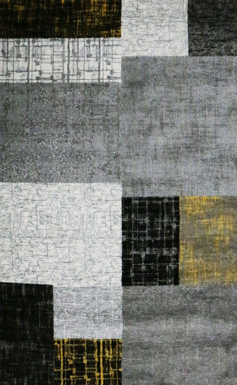 Designer Teppich Kurzflor Moderner Wohnzimmer in Gelb, Grau und Weiß mit Kachel Optik-zoom-