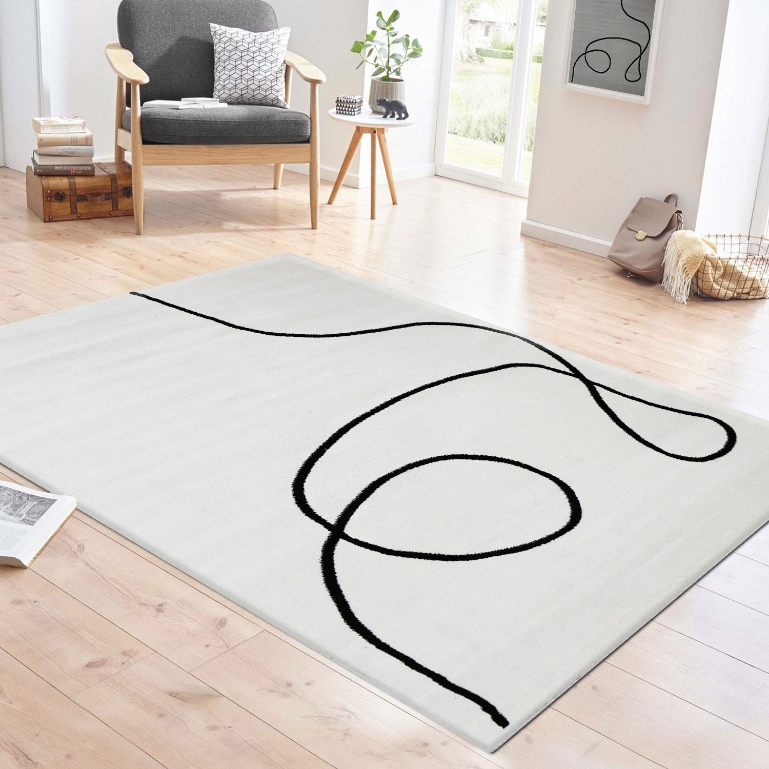 Moderner One-Line Wohnzimmer Teppich in Creme/Schwarz Kunstdesign Kurzflor-1