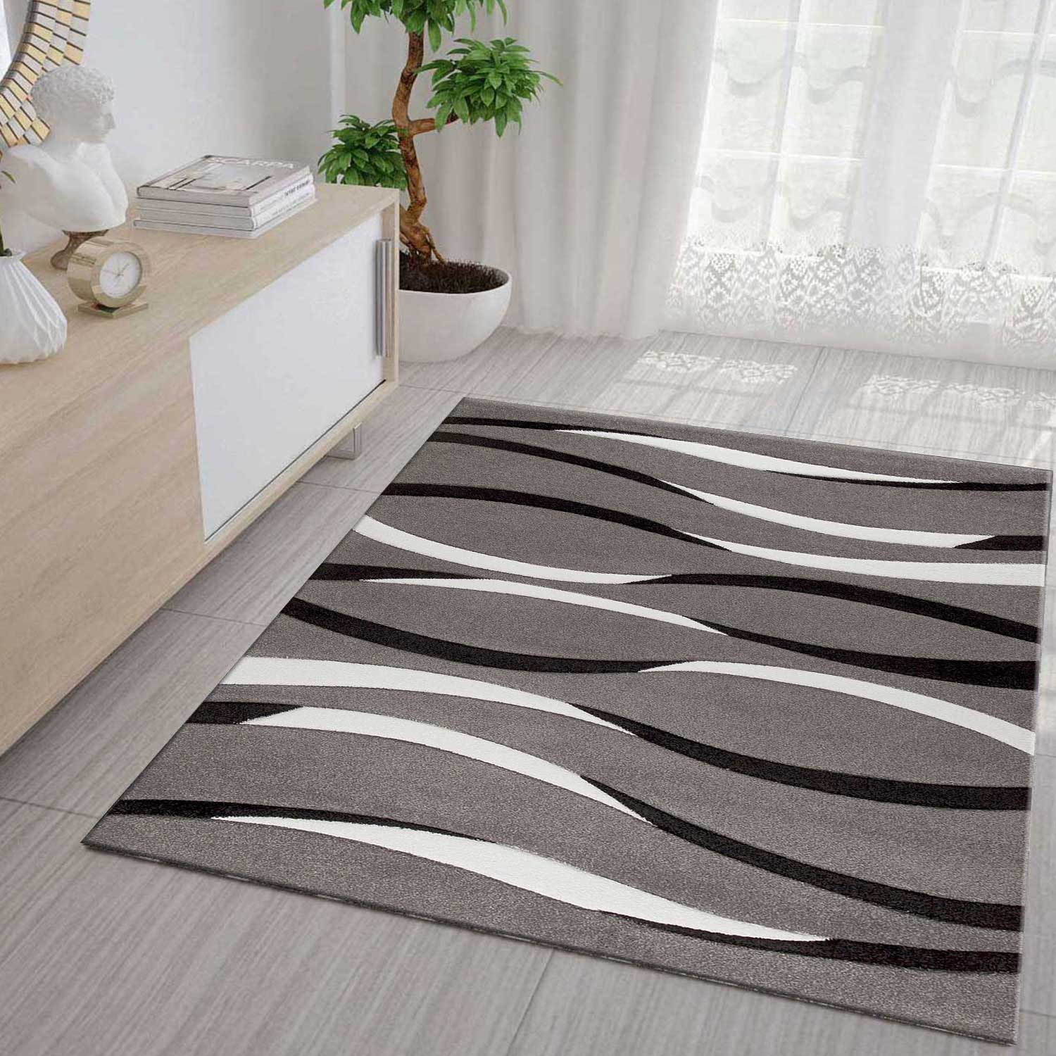Designer rug with curved lines in grey, white and black. Harmonious.-zoom-1