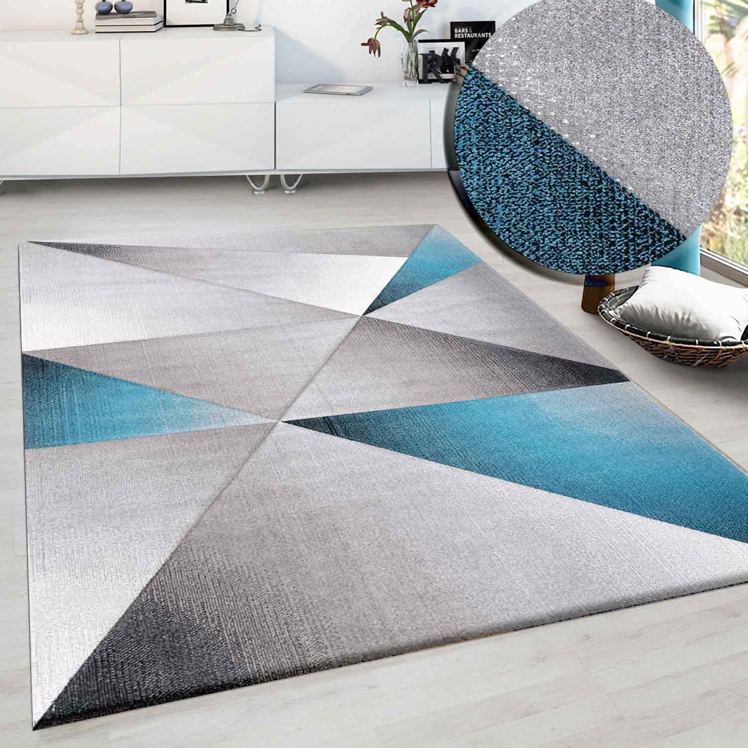 Designer Rug Modern Geometric Pattern Short Pile Grey Black Turquoise Mottled