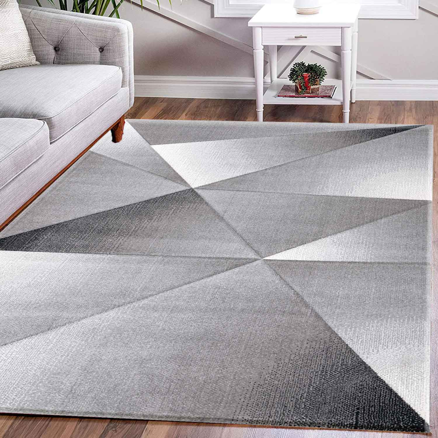 Designer Teppich Modern Geometrische Muster Kurzflorig Grau Schwarz Weiß Meliert-2