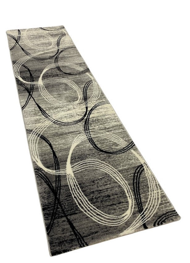 Designer rug, modern swirl pattern, mottled in grey and black-zoom-