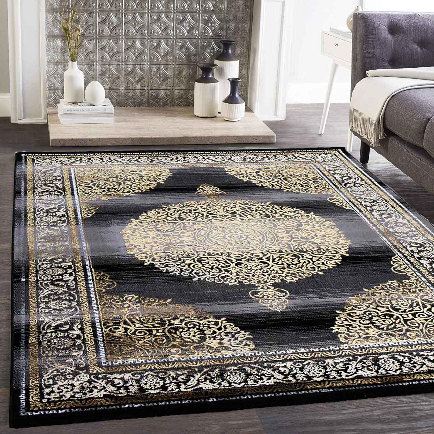 Teppich kurzflor Moderner Orientteppich Elegant Orientalisch Glanz Grau Gold Schwarz, für Wohnzimmer, Schlafzimmer