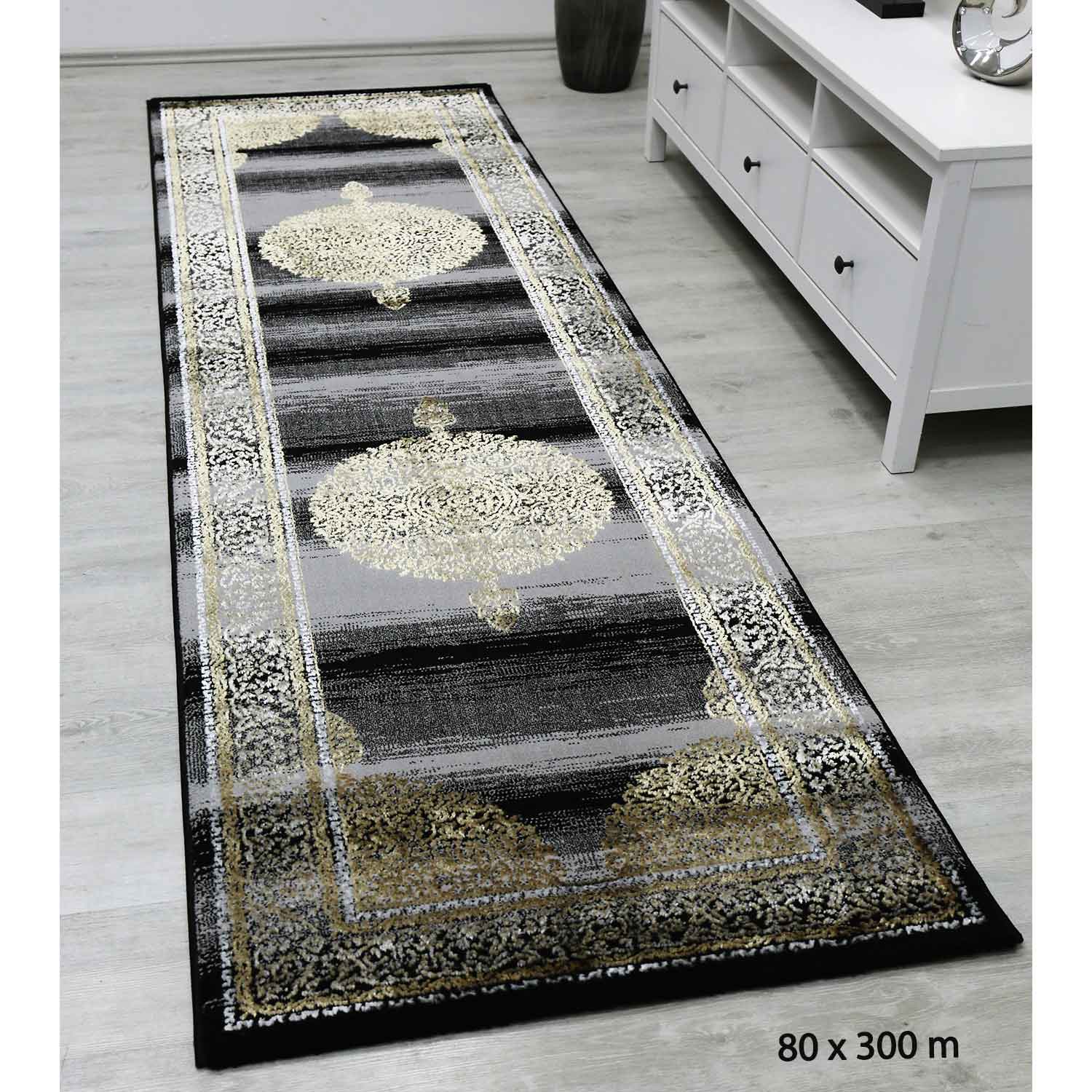 Short-pile rug, modern oriental rug, elegant oriental sheen, grey, gold, black, for living room, bedroom