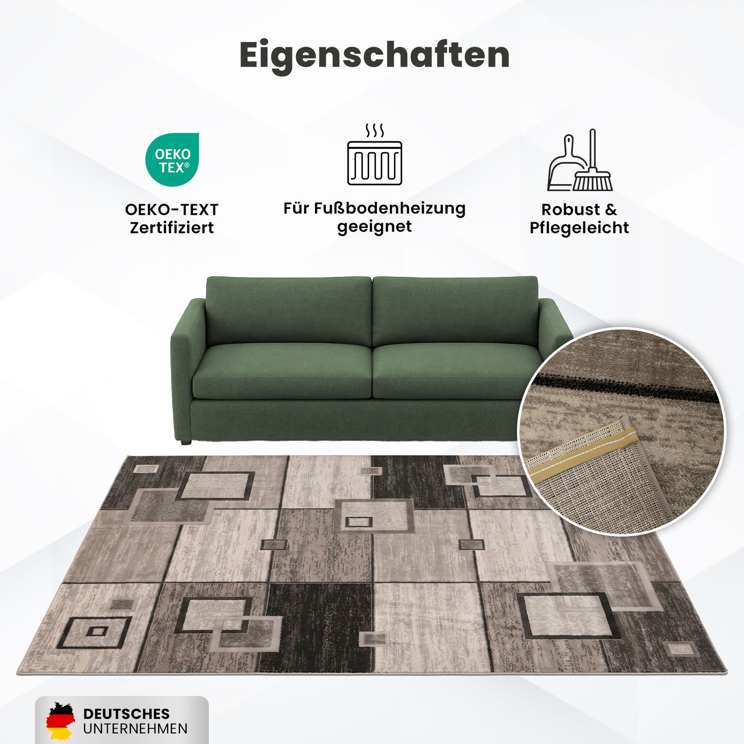 Designer living room rug, brown and beige checkered retro with geometric motifs and color gradient-zoom-2