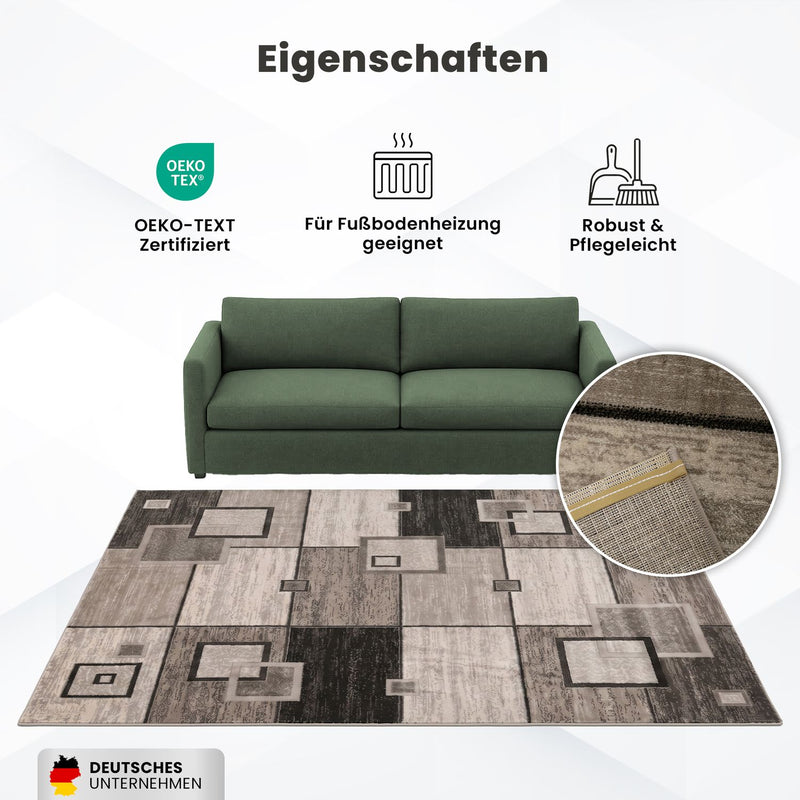 Designer living room rug, brown and beige checkered retro with geometric motifs and color gradient-zoom-