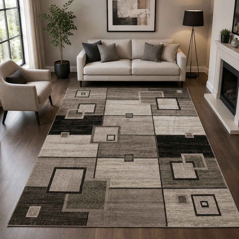 Designer living room rug, brown and beige checkered retro with geometric motifs and color gradient-zoom-