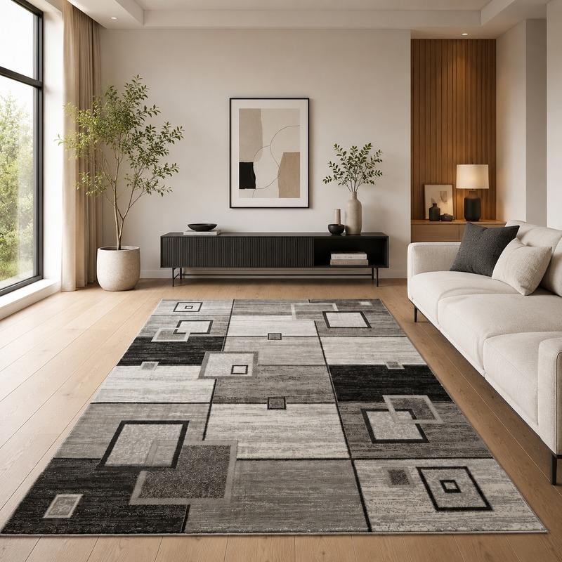 Designer living room rug, brown and beige checkered retro with geometric motifs and color gradient-zoom-