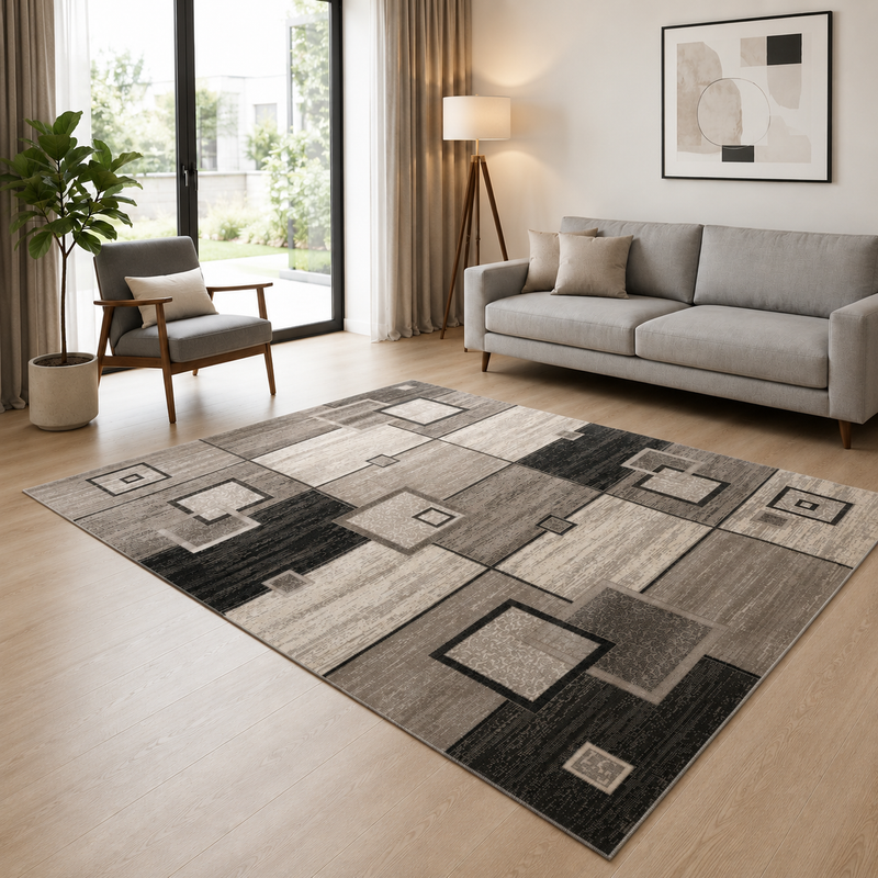 Designer living room rug, brown and beige checkered retro with geometric motifs and color gradient-zoom-