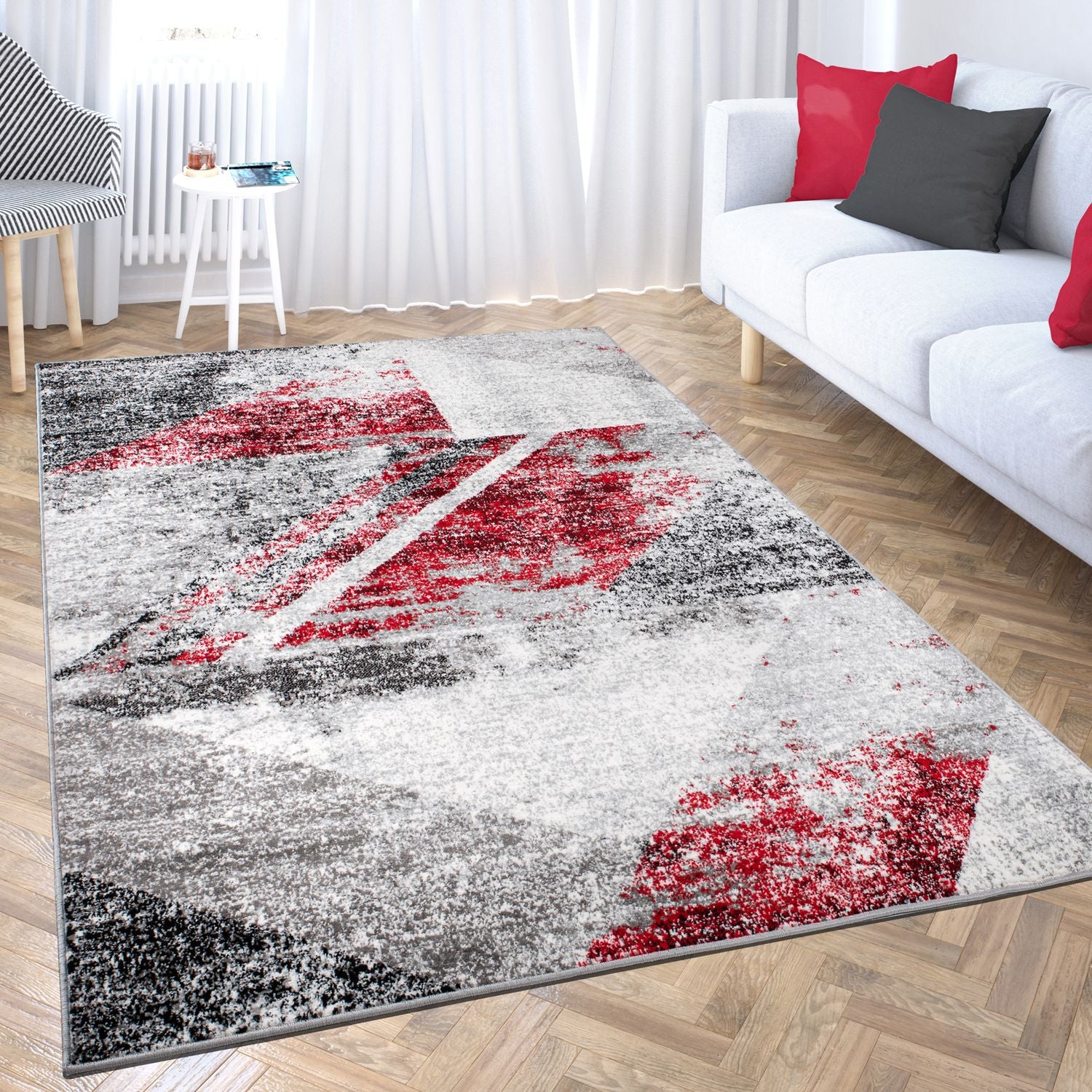 Short-pile geometric rug in red and grey canvas look, mottled, for living room, bedroom-zoom-1