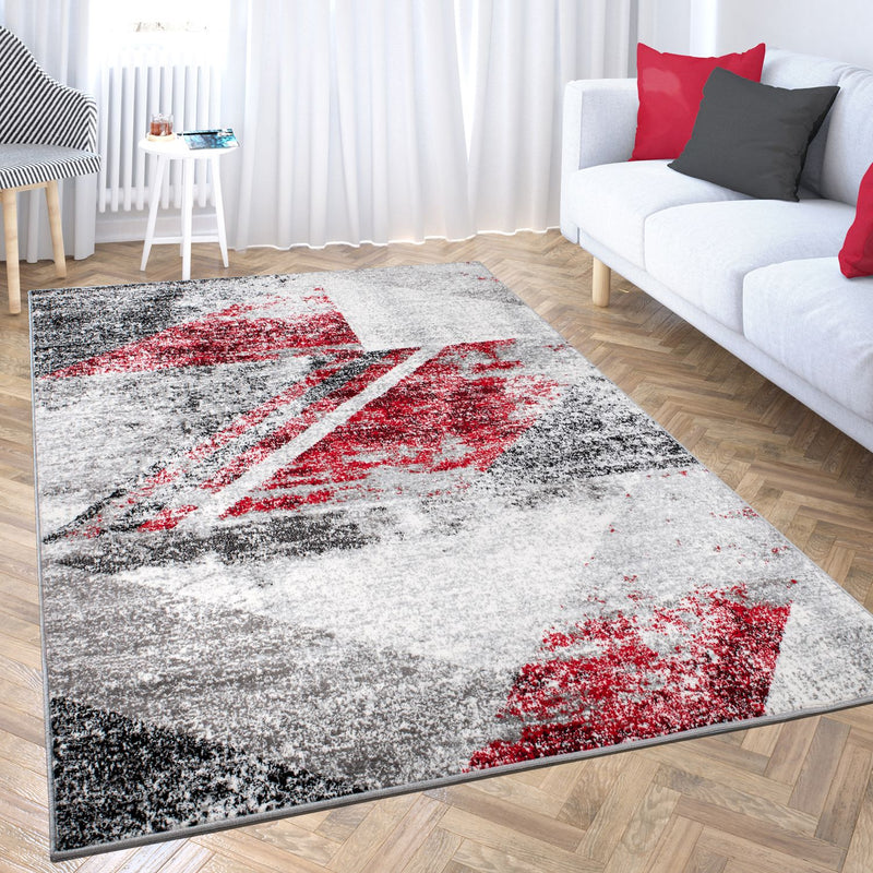 Short-pile geometric rug in red and grey canvas look, mottled, for living room, bedroom-zoom-
