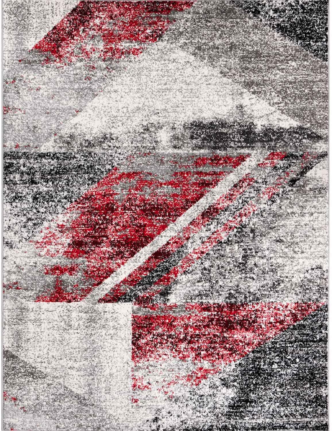 Short-pile geometric rug in red and grey canvas look, mottled, for living room, bedroom-zoom-2