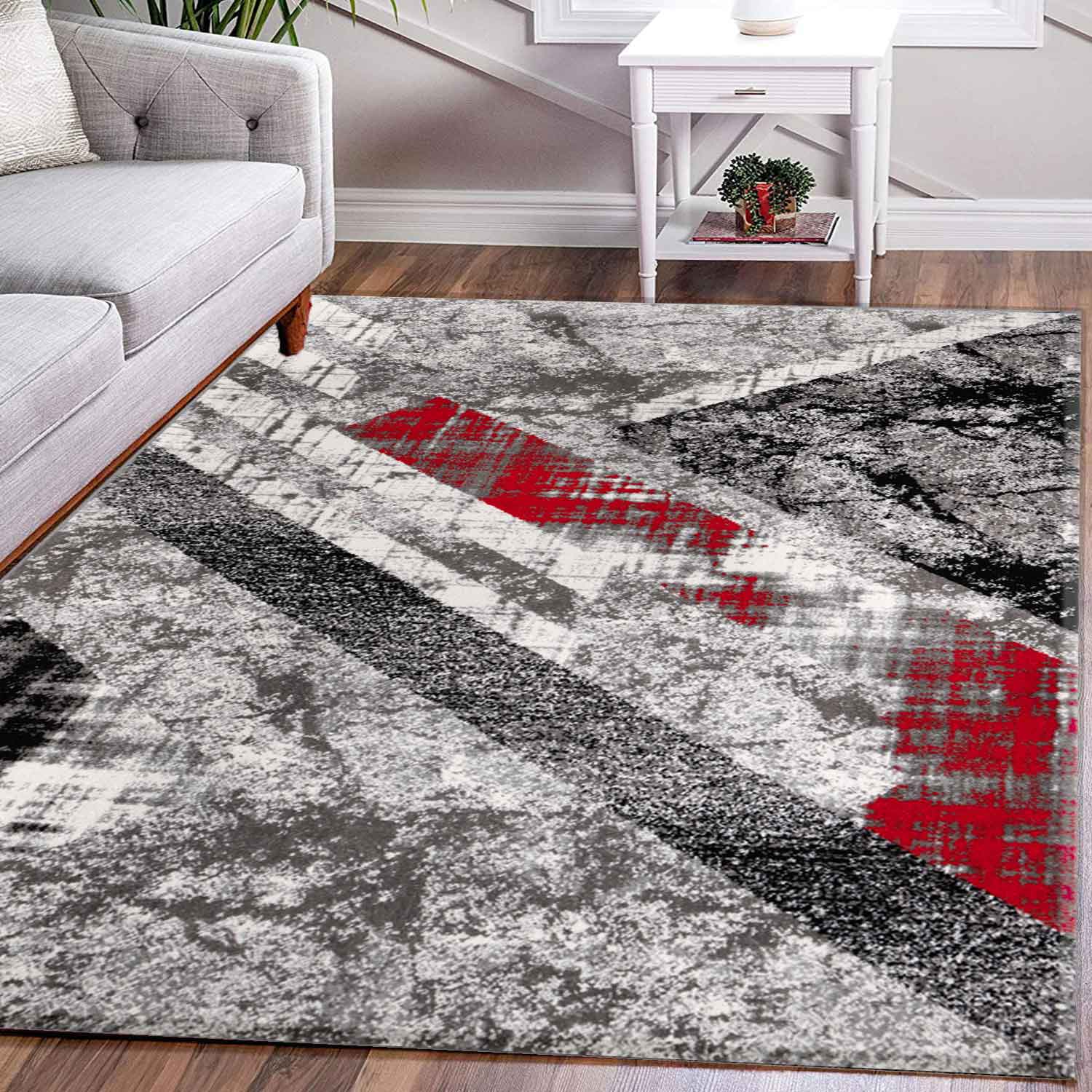 Designer Teppich Wohnzimmer Geometrisches Muster Streifen Optik Meliert Rot Grau Weiß Schwarz