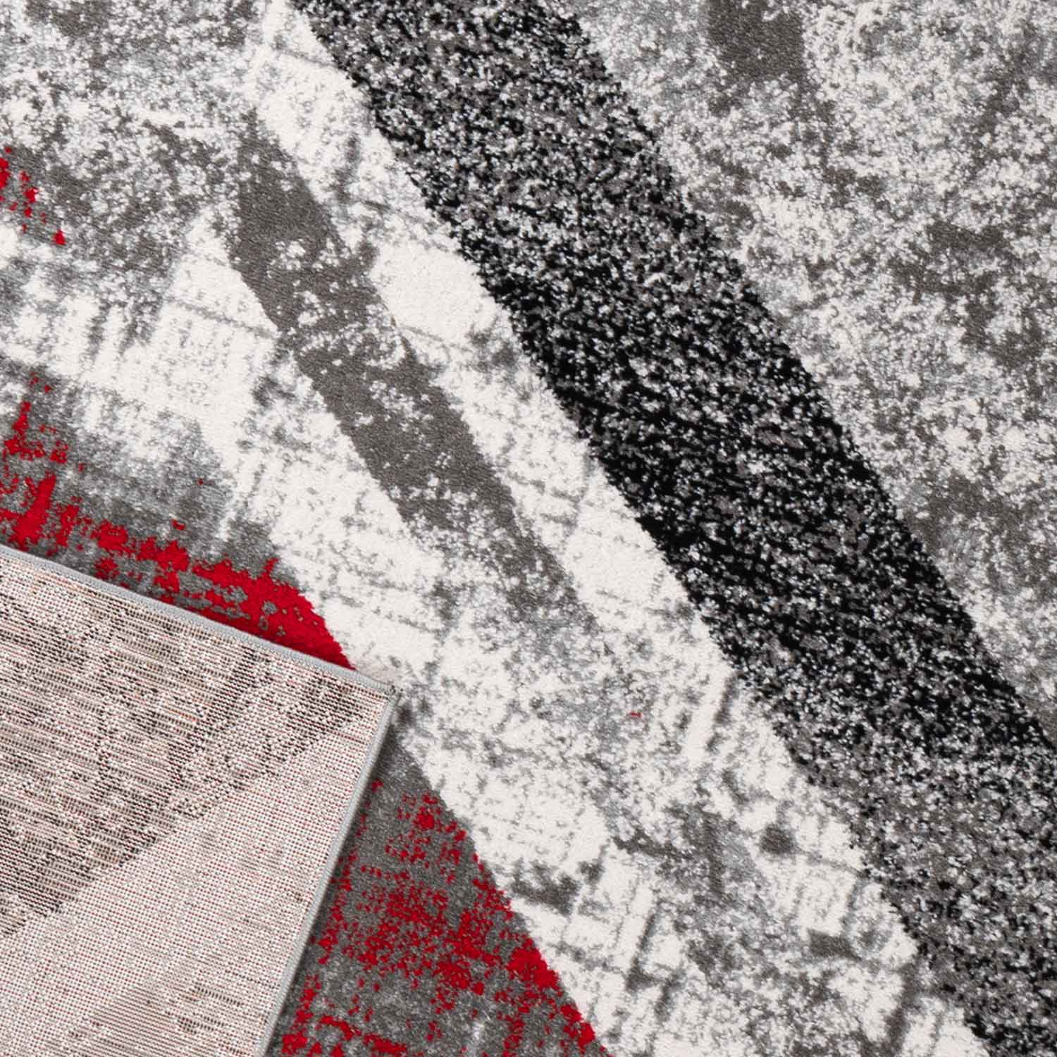 Designer Teppich Wohnzimmer Geometrisches Muster Streifen Optik Meliert Rot Grau Weiß Schwarz