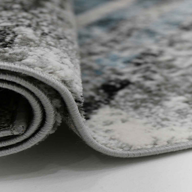 Designer Teppich Wohnzimmer Geometrisches Muster Leinwand Optik Meliert Blau Grau Anthrazit Kurzflor-zoom-