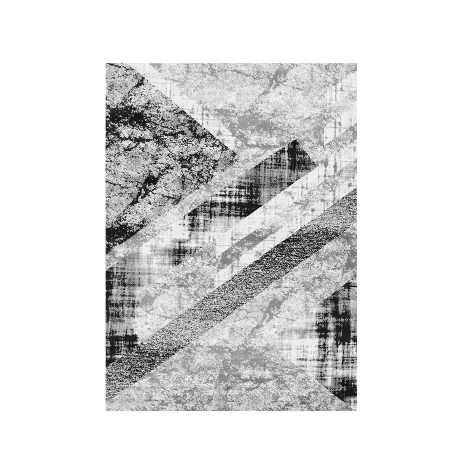 Designer rug for living room, geometric pattern, striped look, mottled red, grey, white, black