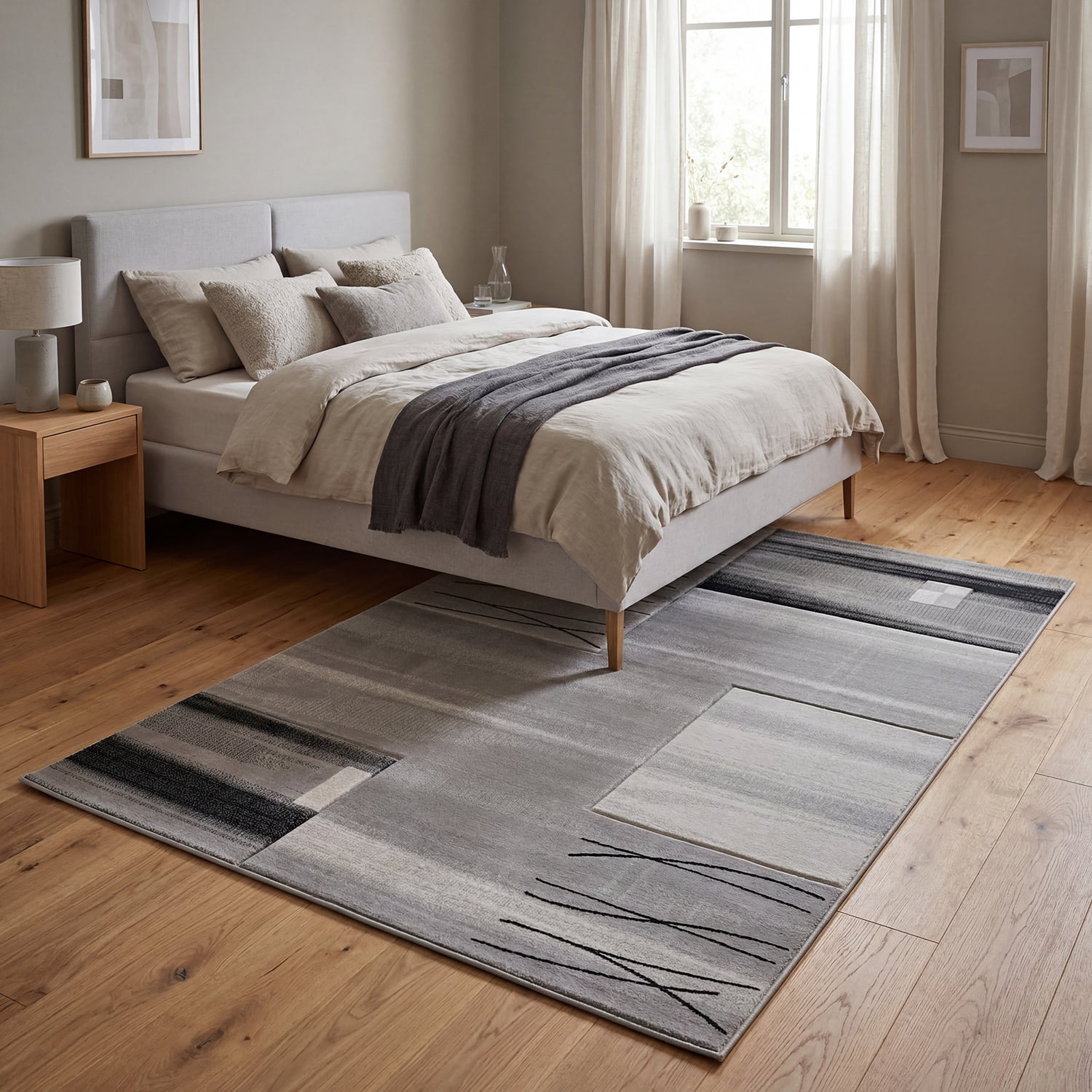 Designer living room rug, grey tile look with color gradient and contour cut-zoom-8