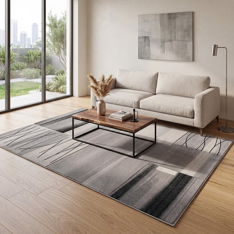 Designer living room rug, grey tile look with color gradient and contour cut-zoom-