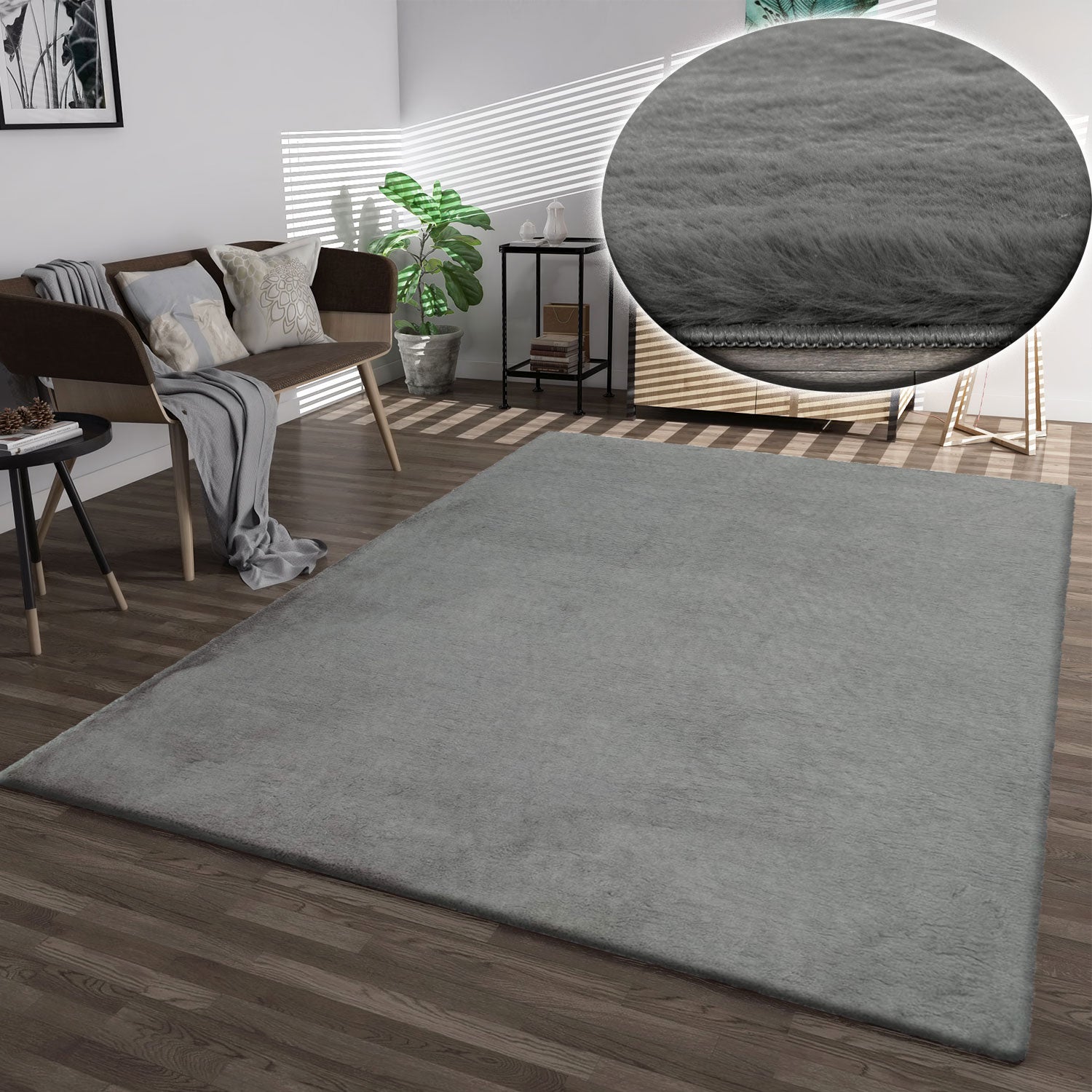 Faux fur rug in grey, dense, fluffy, silky sheen, high pile