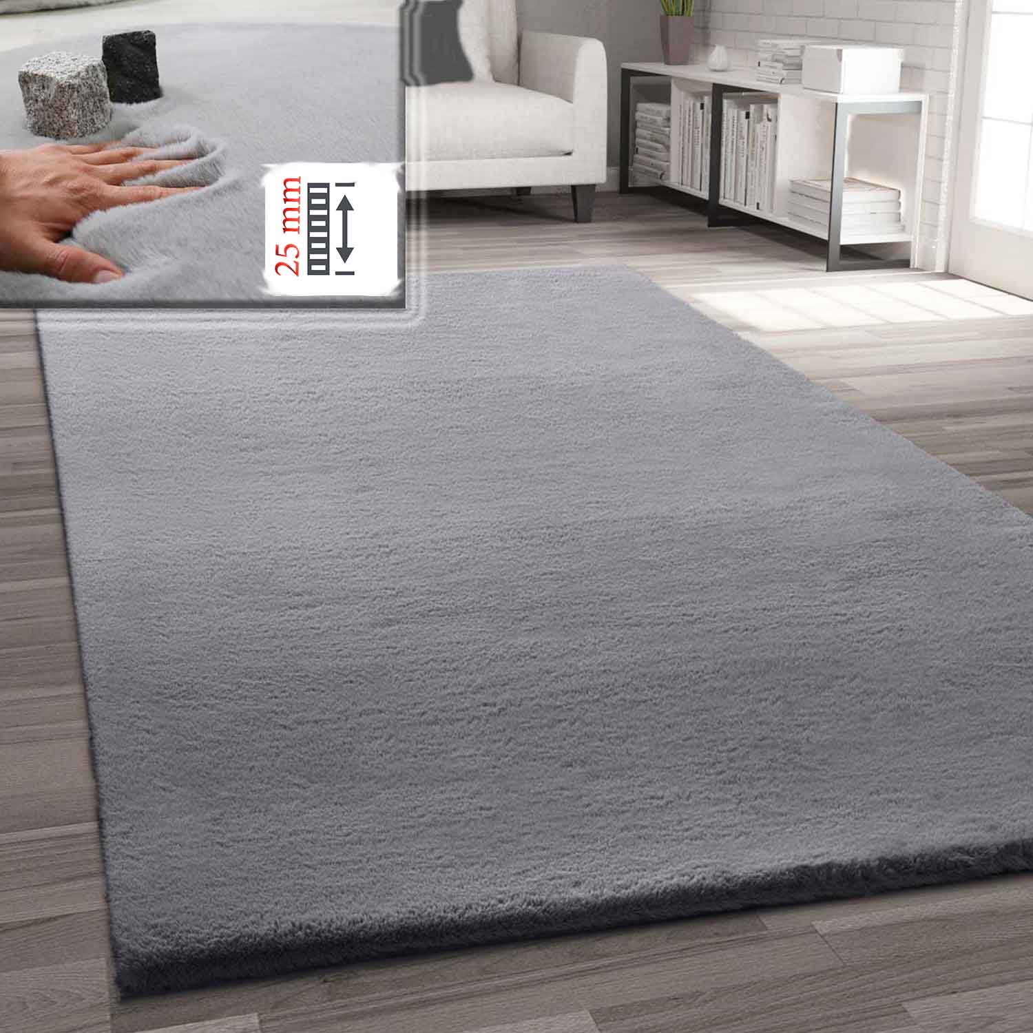 Faux fur rug in grey, dense, fluffy, silky sheen, high pile