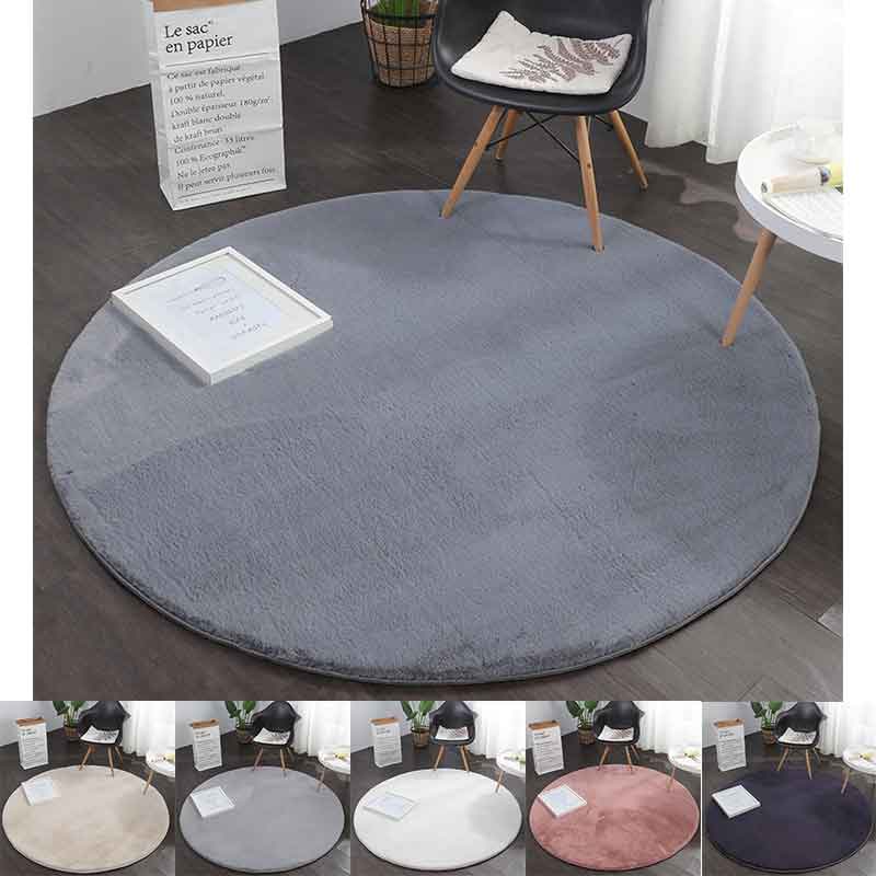 Faux fur rug, round, dense, fluffy, silky sheen, high pile, grey