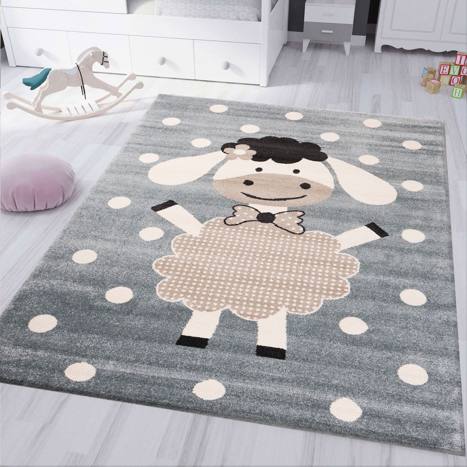 Children's rug, nursery rug, baby rug, cheerful sheep, mint blue, beige dots