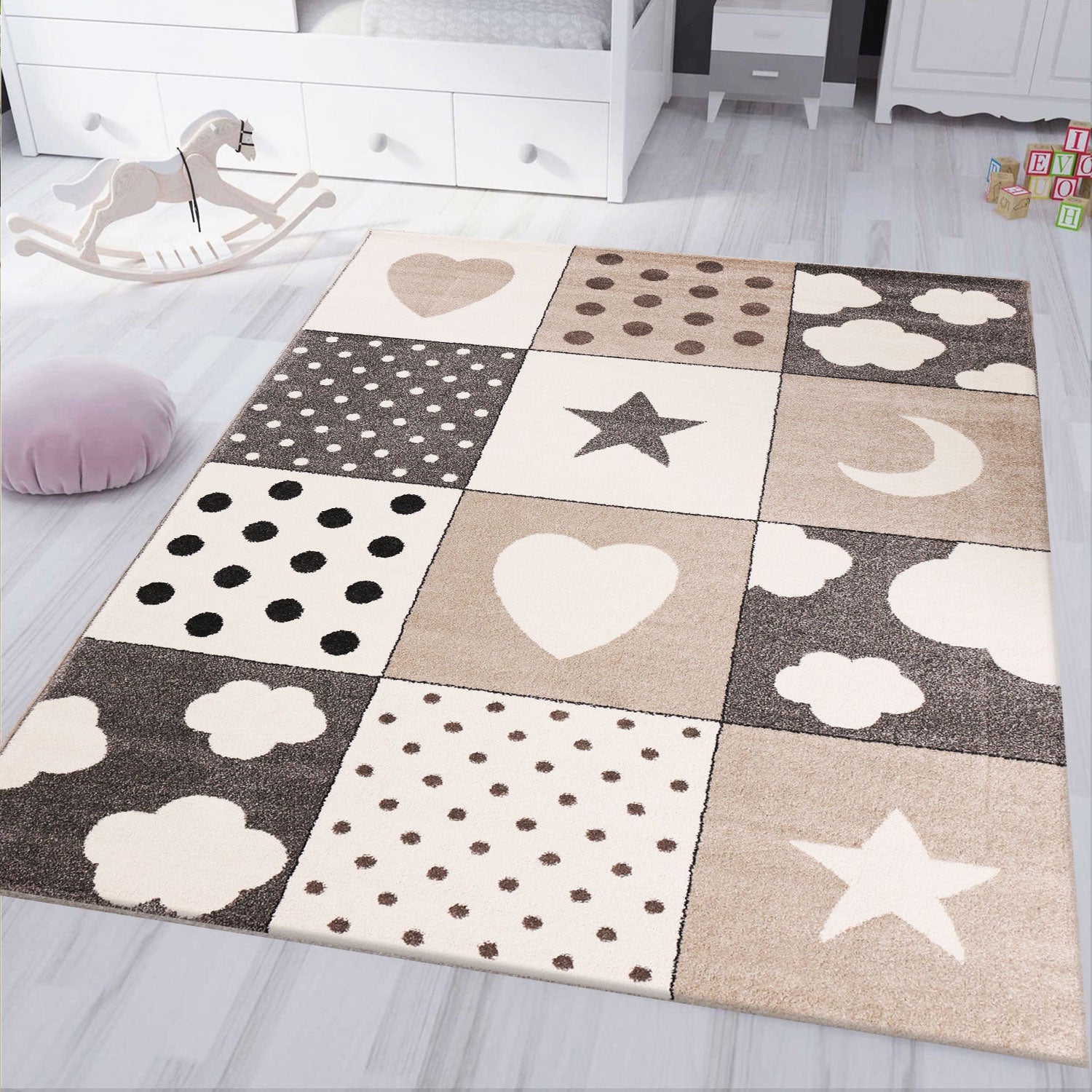 Kinderteppich Babyteppich Patchwork Wolke  Herz Sterne Mond Dots | Kinderteppich für Mädchen und Jungs | Teppich für Kinderzimmer | Farbe: Grau Beige & Creme-1