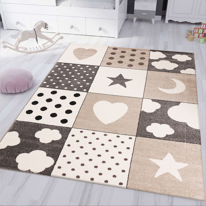 Kinderteppich Babyteppich Patchwork Wolke  Herz Sterne Mond Dots | Kinderteppich für Mädchen und Jungs | Teppich für Kinderzimmer | Farbe: Grau Beige & Creme-zoom-