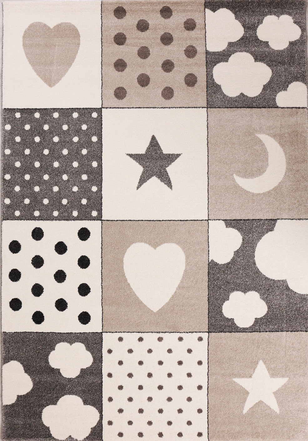 Children's Rug | Baby Rug | Patchwork Cloud, Heart, Stars, Moon, Dots | Children's Rug for Girls and Boys | Rug for Children's Room | Color: Gray, Beige & Cream
