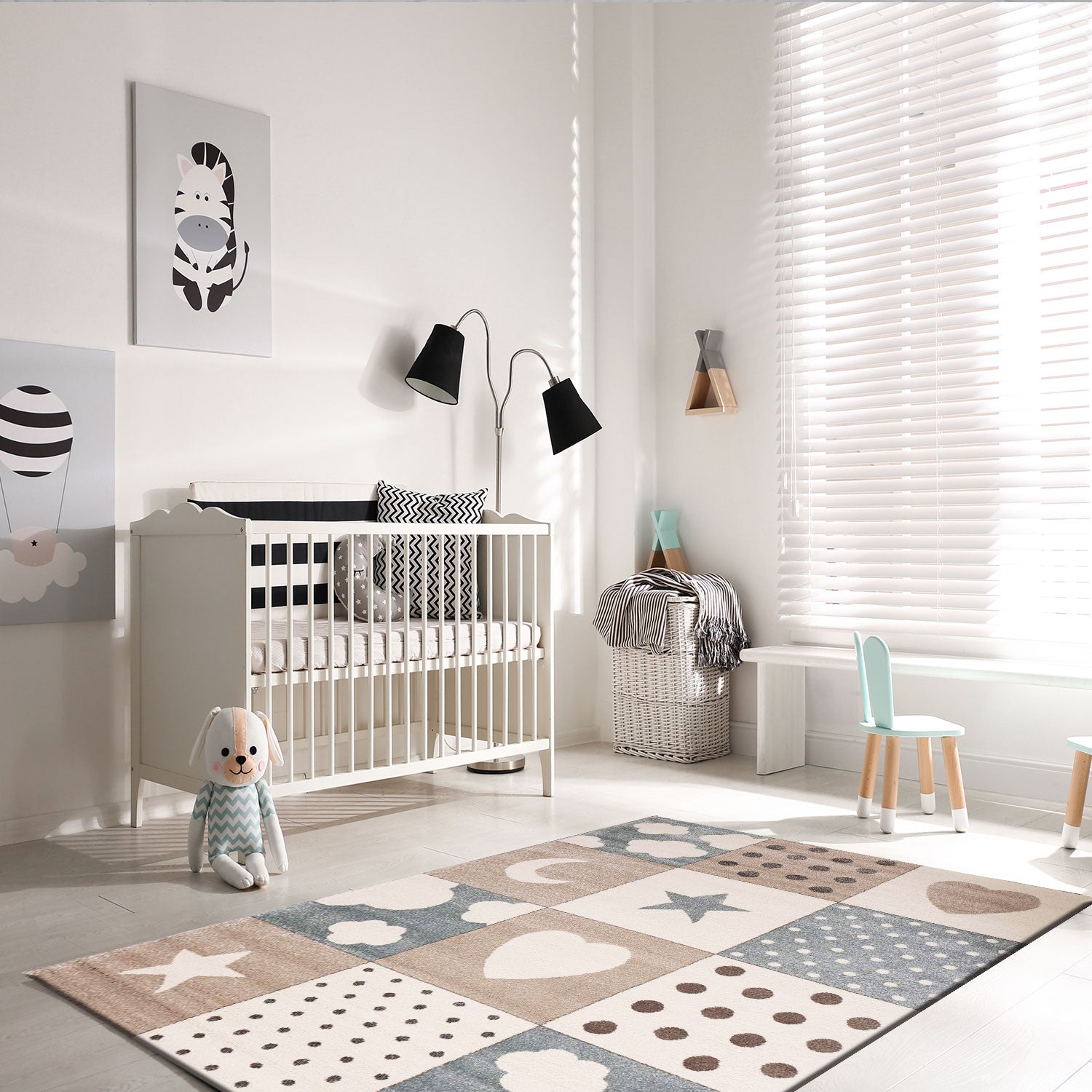 Flauschiger Kinder Zimmer Teppich Herzchen Wölkchen Patchwork Optik-1