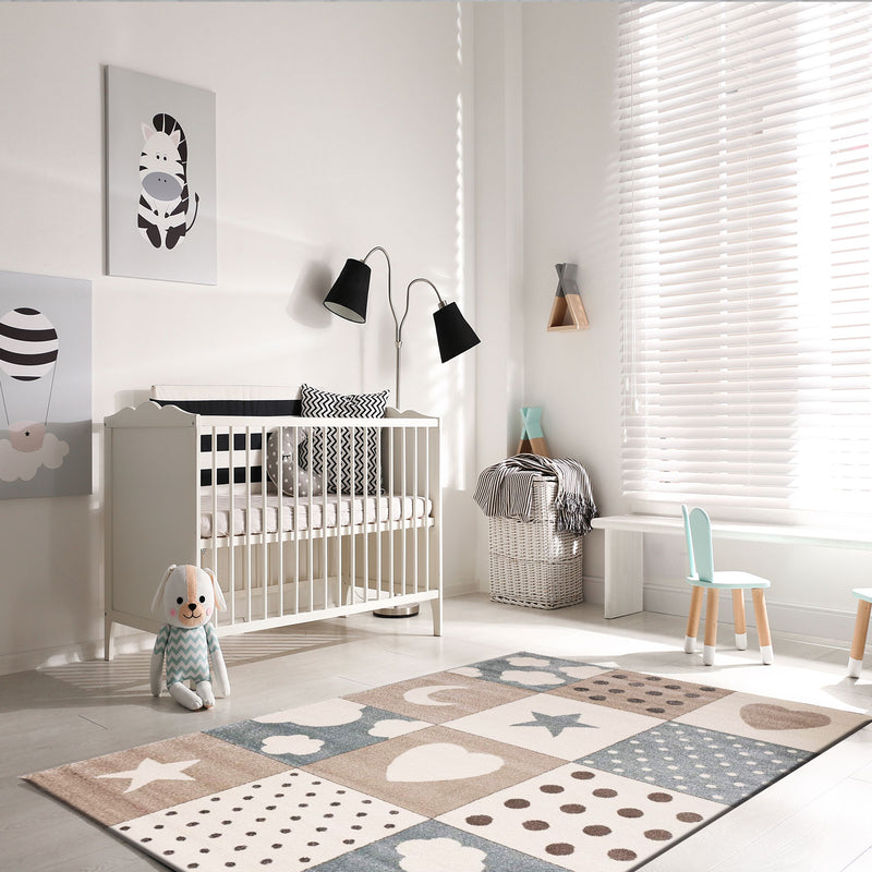 Flauschiger Kinder Zimmer Teppich Herzchen Wölkchen Patchwork Optik-zoom-