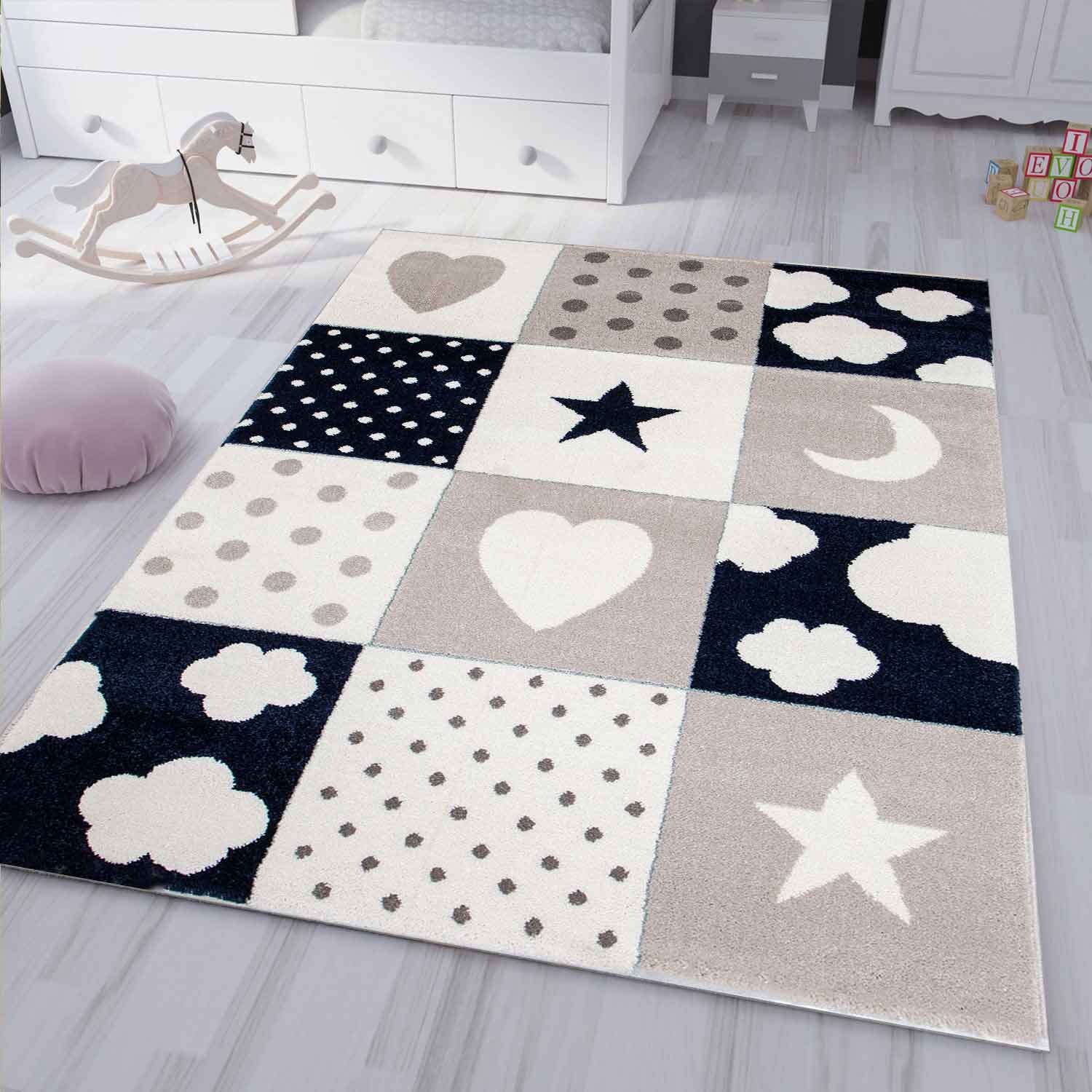 Children's rug, nursery rug, baby rug with heart, star, cloud, blue, beige, cream