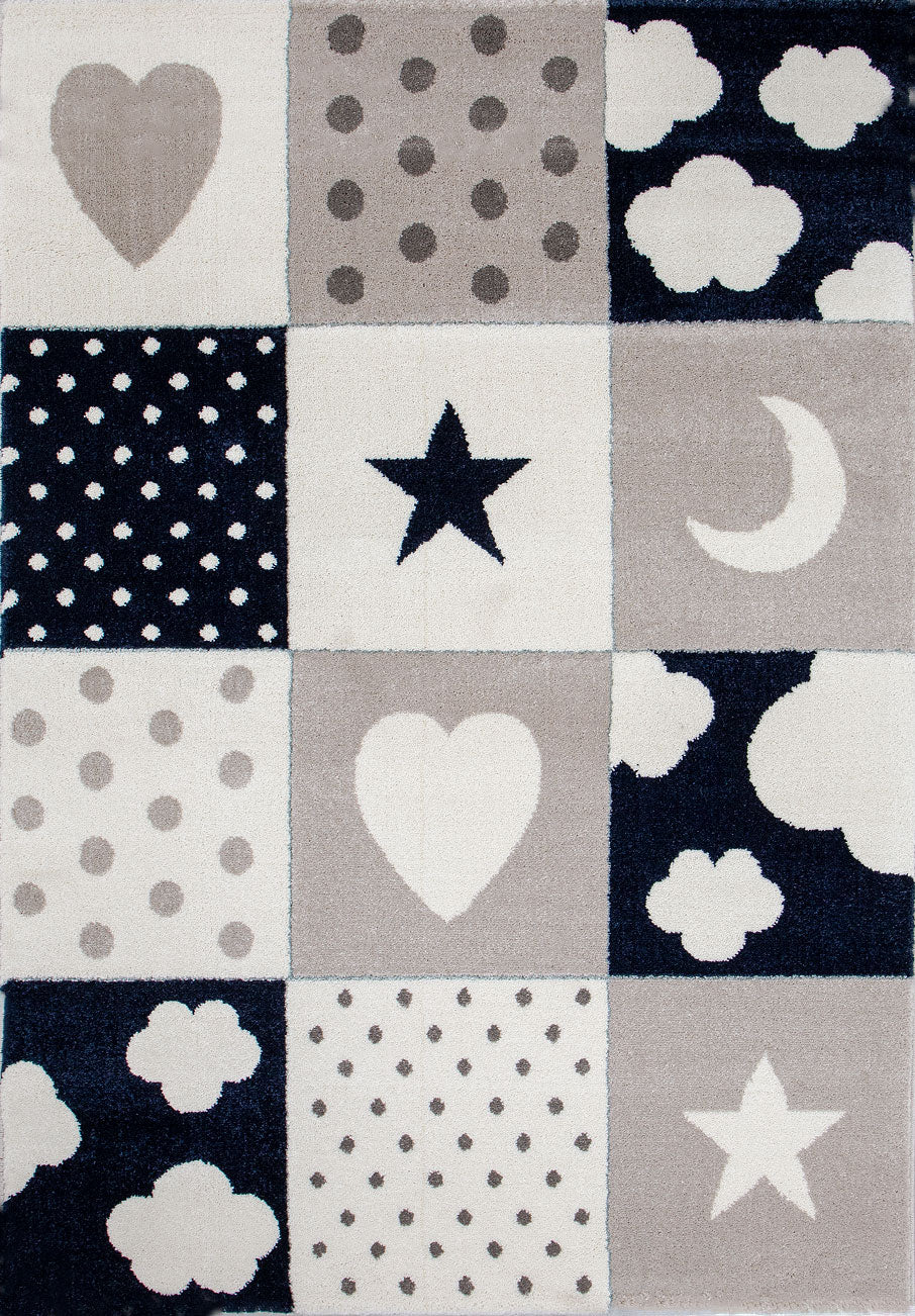 Kinderteppich Teppich Kinderzimmer Babyteppich mit Herz Stern Wolke Blau Beige Creme