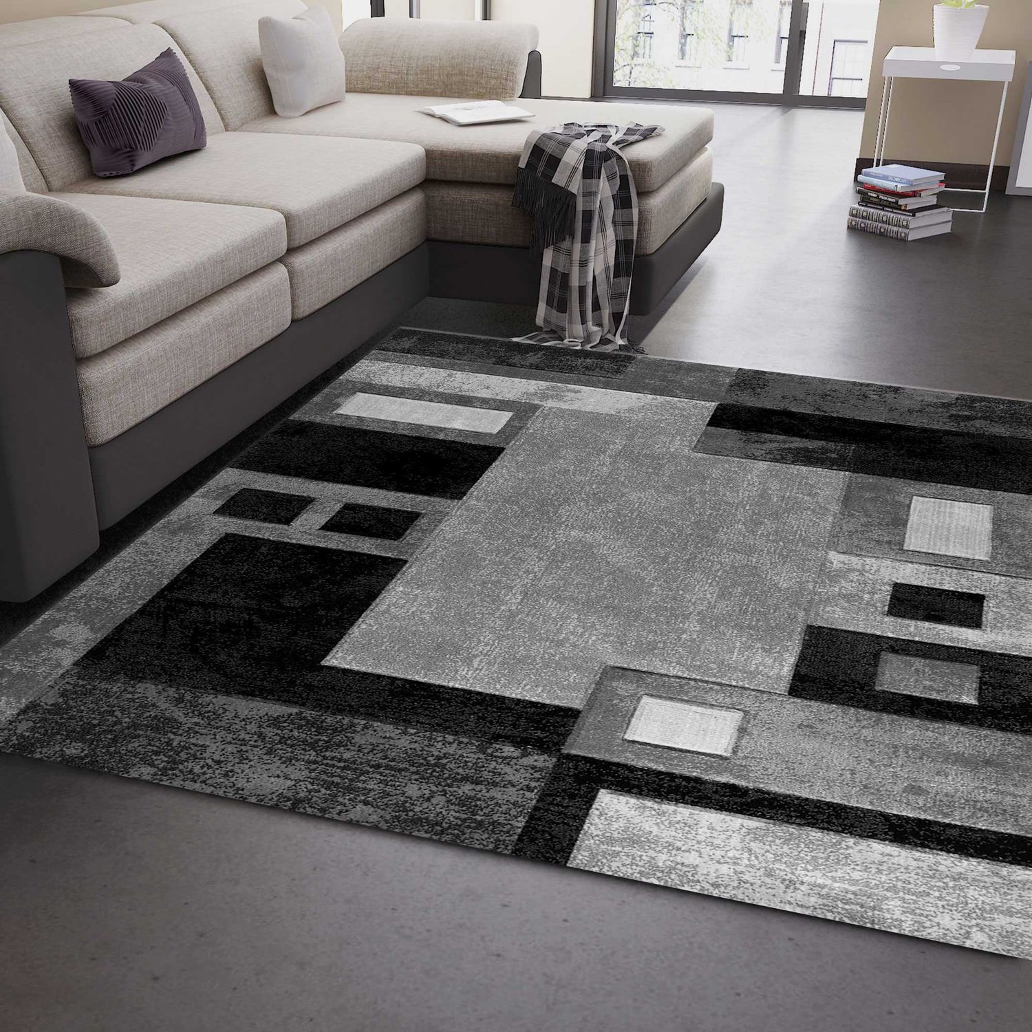 Designer living room rug, grey checkered with color gradient and contour cut