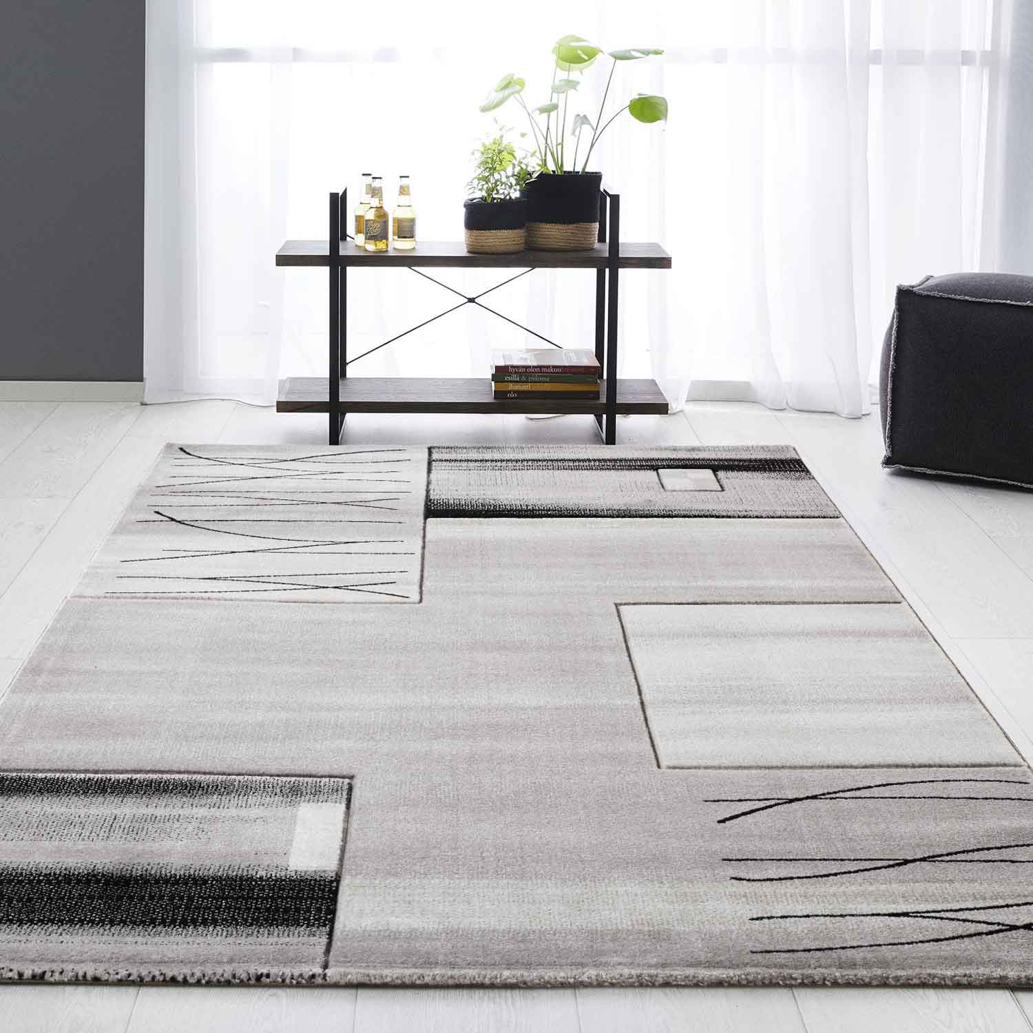 Designer living room rug, grey tile look with color gradient and contour cut