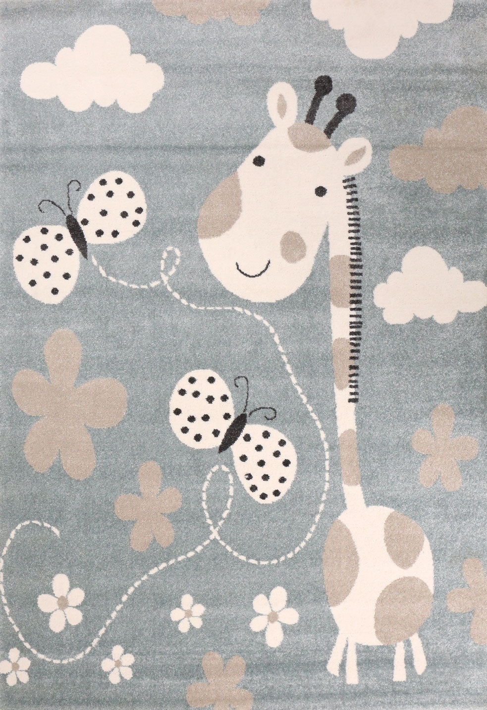 Kinderteppiche Giraffe mit Schmetterling und Blumen | Kinderteppich für Mädchen und Jungs | Teppich für Kinderzimmer Blau | Kinderzimmerteppiche