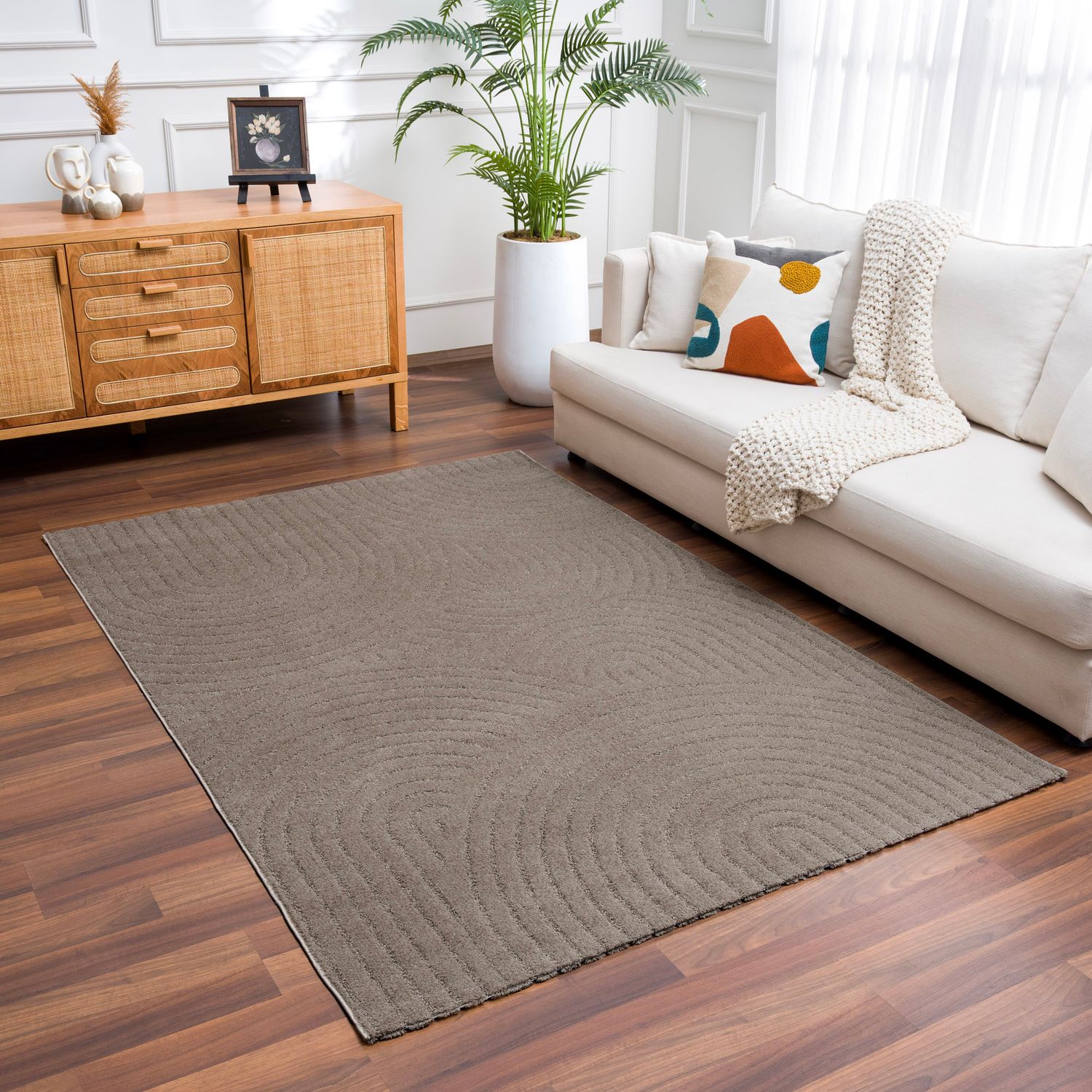 Kurzflor Teppich Wohnzimmer – Moderner Design Teppich mit Struktur, weich, pflegeleicht, in Creme, Beige & Taupe-zoom-36